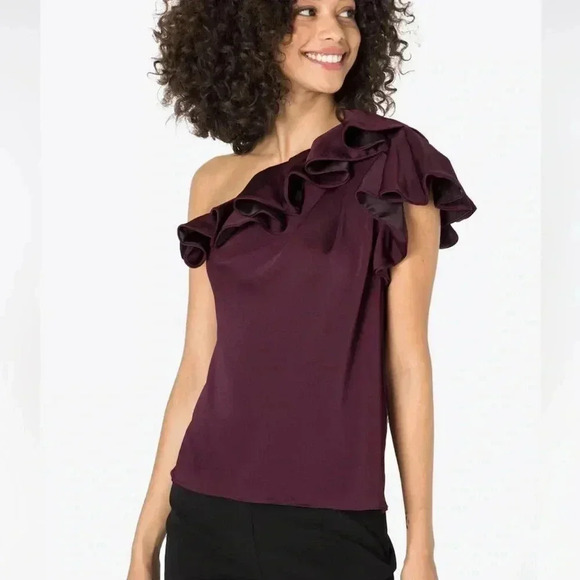 NWT IRO Paris Lili One Shoulder Asymmetrical Ruffle Top Burgundy S - Picture 1 of 7